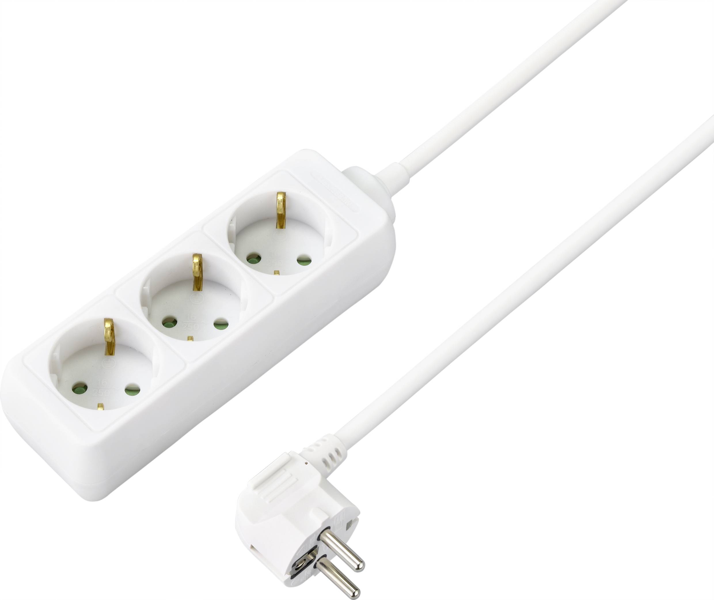 Une prise triple blanche avec un long câble et une fiche Schuko coudée.