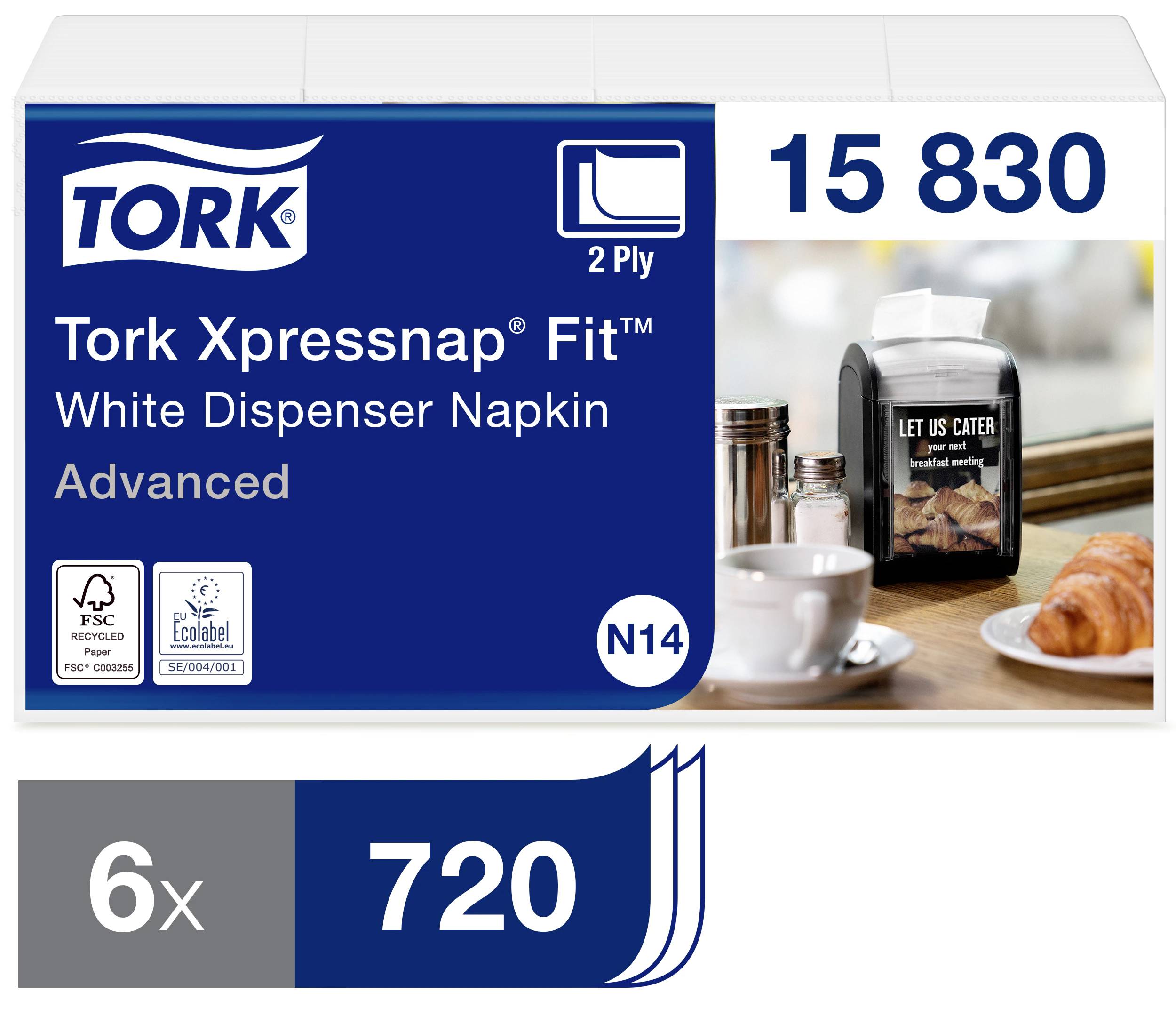 'Emballage d'une serviette Tork Xpressnap Fit, blanche, 2 plis, 15 830 pièces. Présentée à côté d'un café et d'un croissant. Certifiée FSC.'