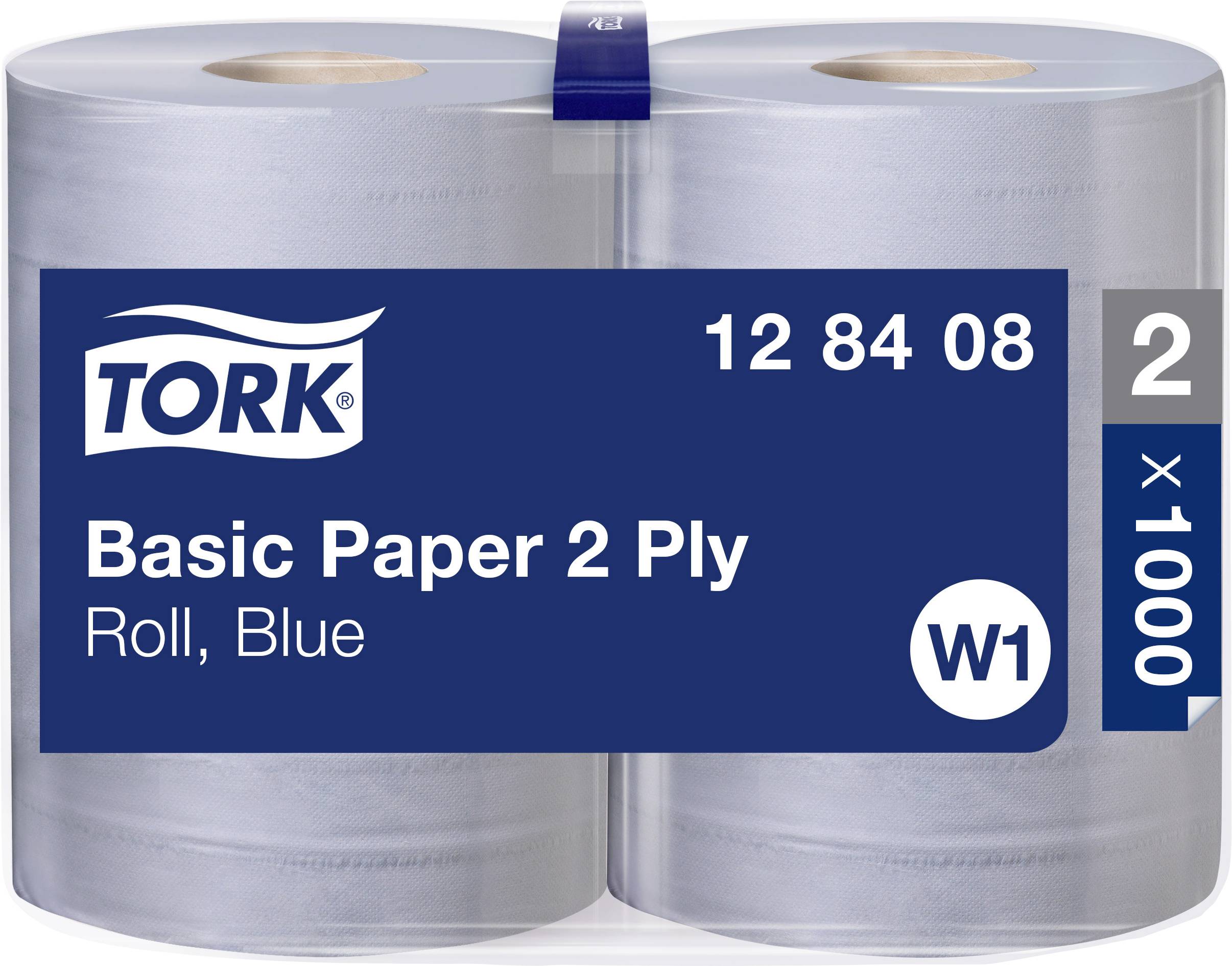 Deux rouleaux de papier bleus à deux plis de la marque 'Tork', emballés sous film. Code produit : 12 84 08. Type W1, 1000 feuilles chacun.