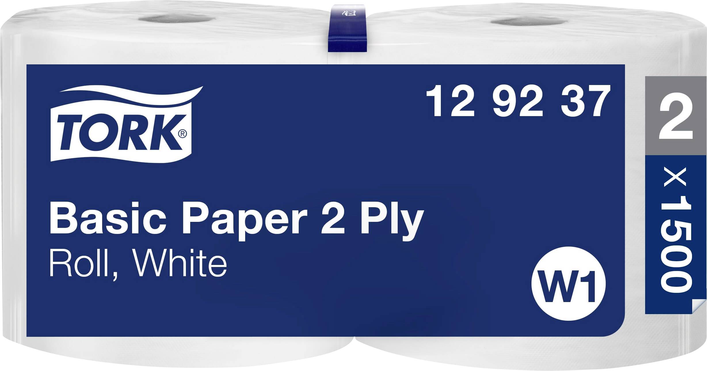 Deux rouleaux de papier toilette blanc, marque Tork, 2 plis, rouleau, 1500 feuilles, numéro de produit 12 92 37, catégorie W1.