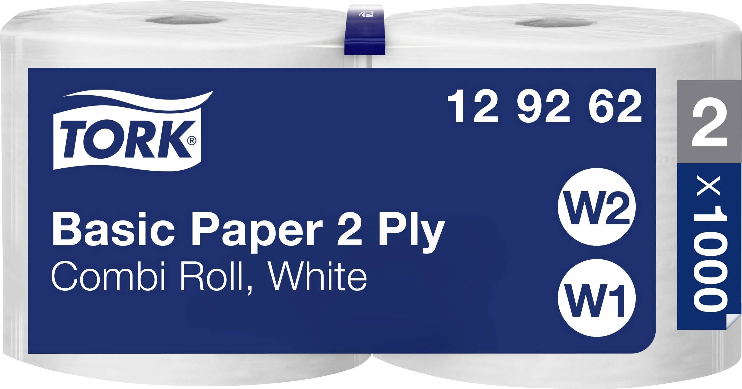 'Deux rouleaux combinés de papier Tork Basic blanc, 2 plis ; numéro de lot 12 92 62, l'étiquette indique W2 et W1 pour différents distributeurs.'