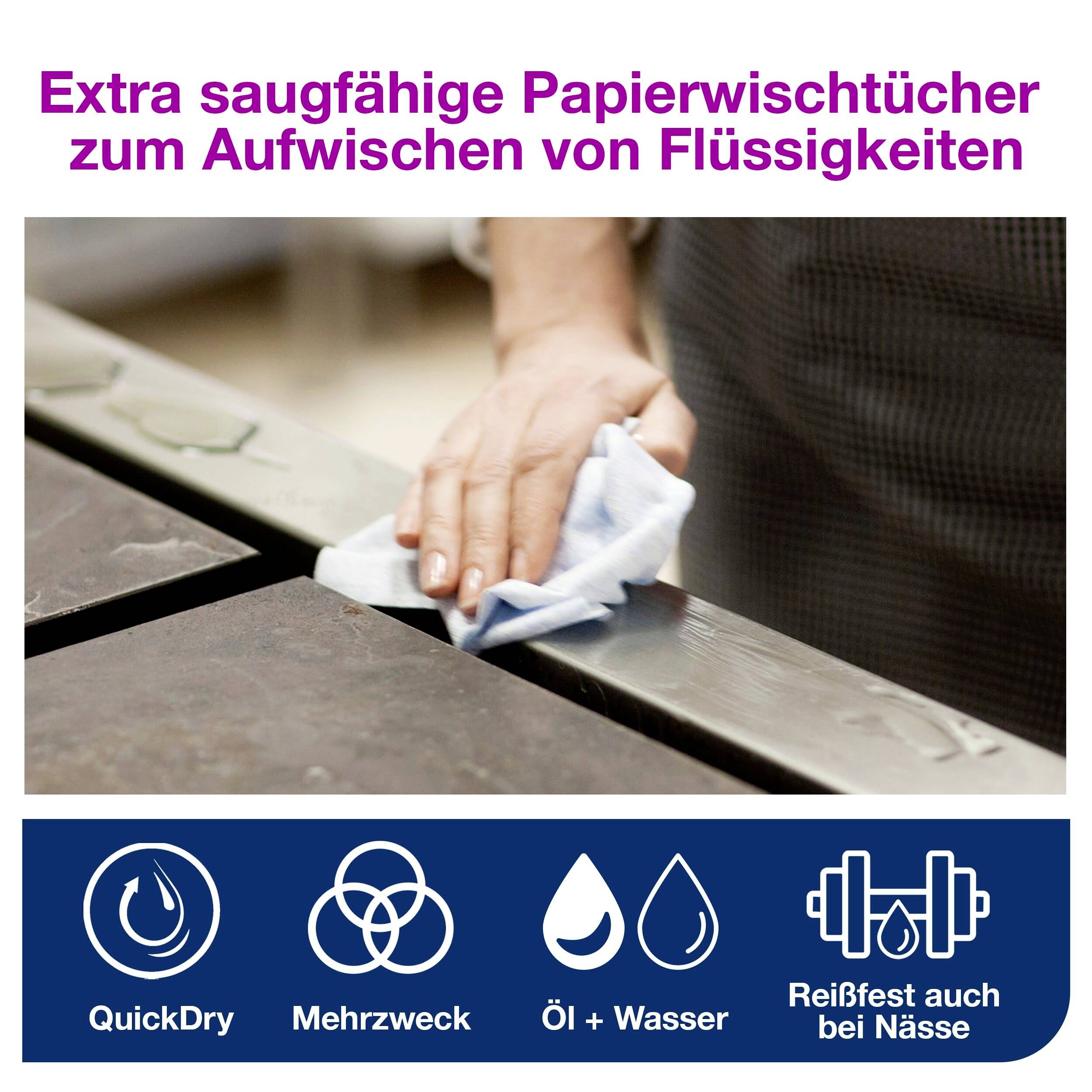 Une main essuie un liquide sur une surface de table avec un essuie-tout. Texte en haut : 'Essuie-tout ultra absorbants'. Des symboles en bas décrivent les fonctions du tissu.