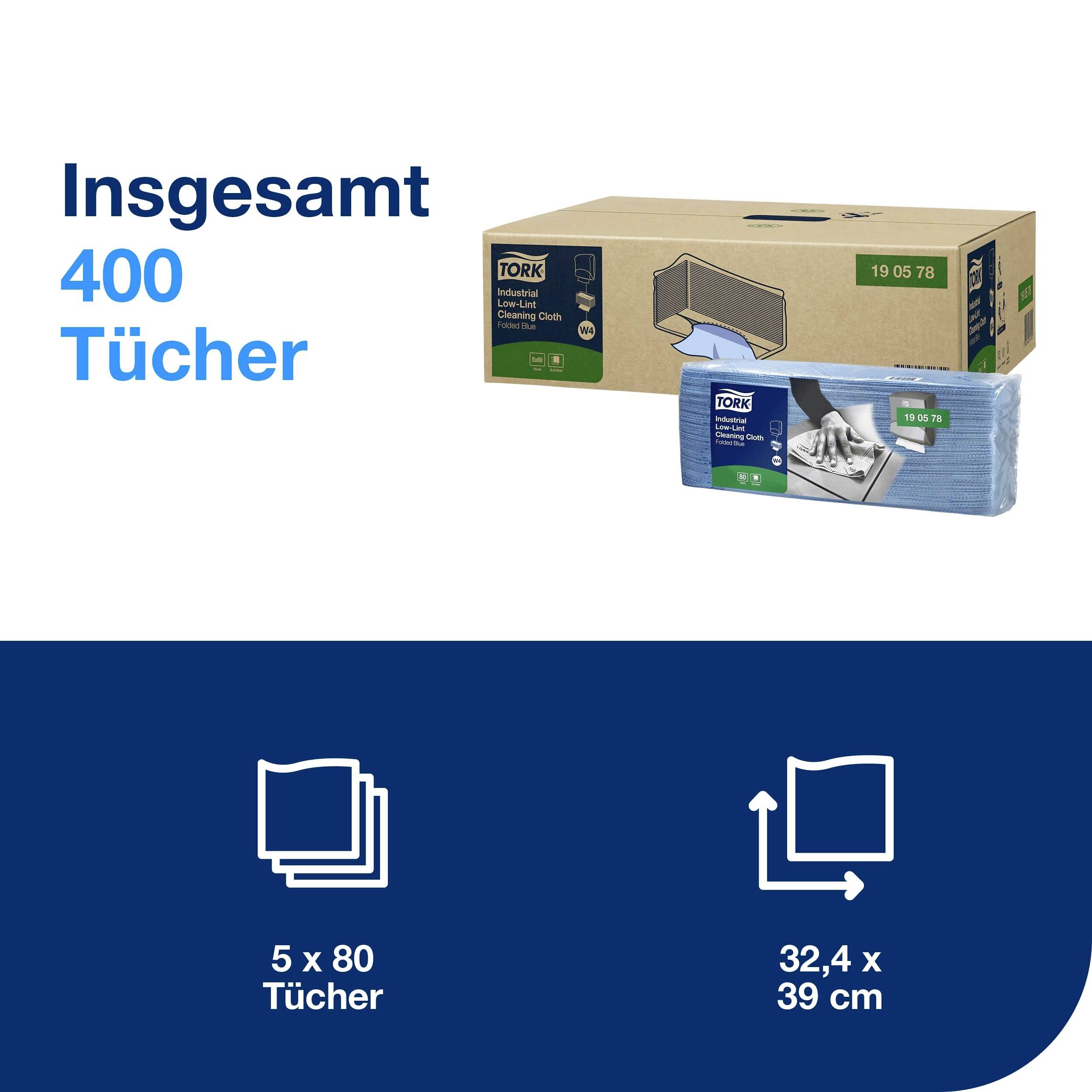 Cartons et emballage de lingettes de nettoyage Tork avec un total de 400 lingettes. L'emballage indique les dimensions : 32,4 x 39 cm et 80 lingettes par paquet.