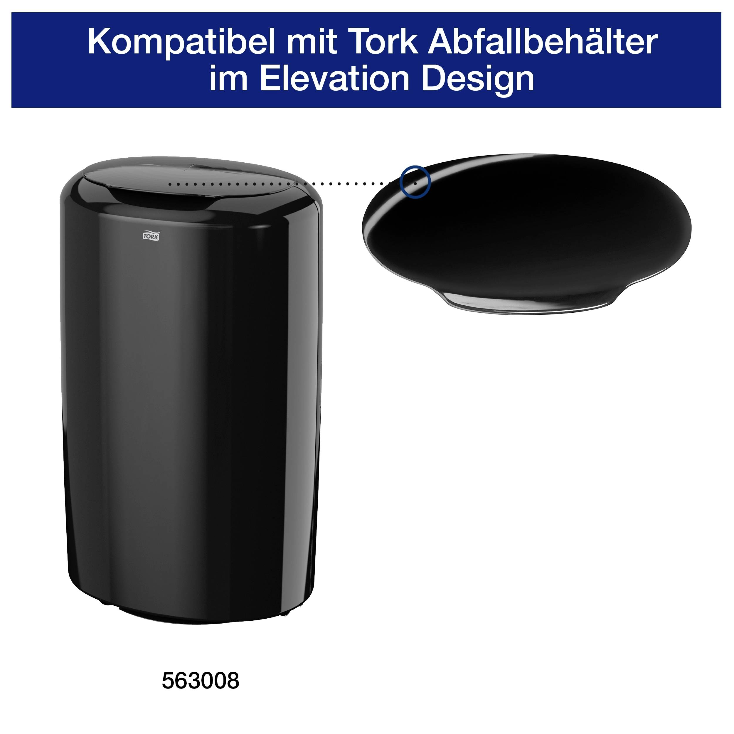 Poubelle en design noir avec une image détaillée sur le couvercle. Texte en haut : « Compatible avec les poubelles Tork de la gamme Elevation ».