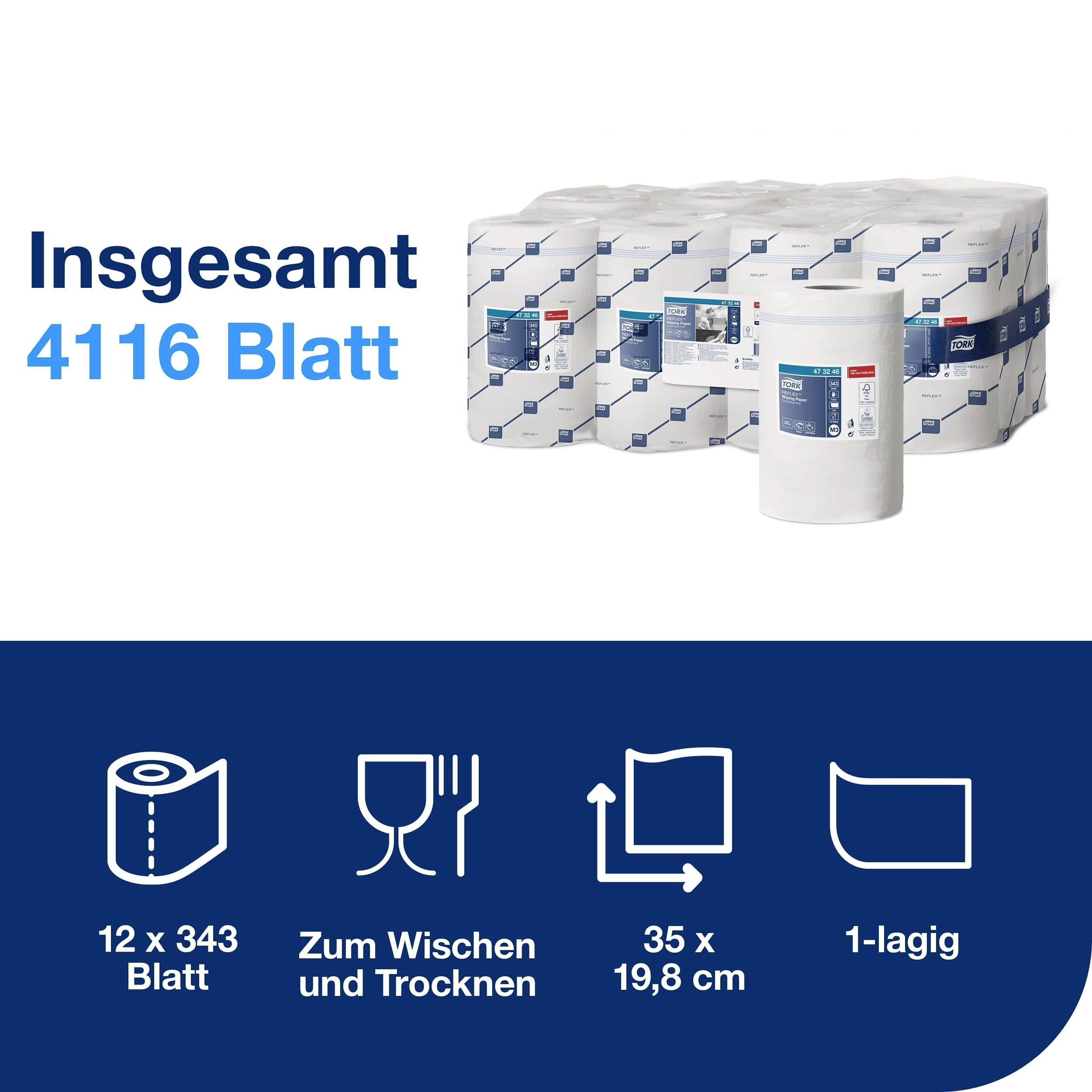Total de 4 116 feuilles. Représentation de rouleaux de papier, adaptés pour essuyer et sécher, 12 rouleaux de 343 feuilles chacun, 1 épaisseur, 35 x 19,8 cm.