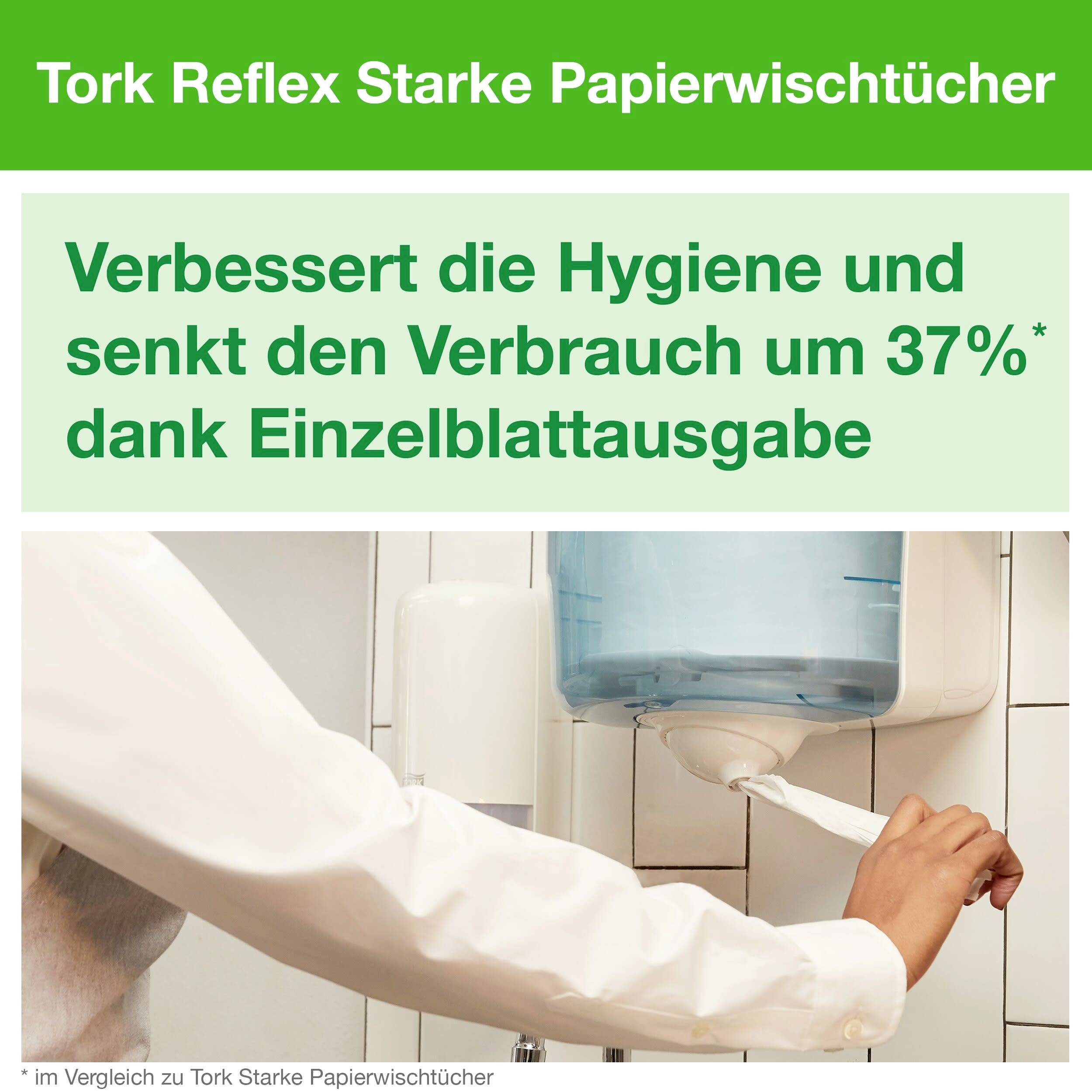 Une personne tire un essuie-papier d'un distributeur. Texte : 'Améliore l'hygiène et réduit la consommation de 37 % grâce à la distribution de feuilles individuelles'.