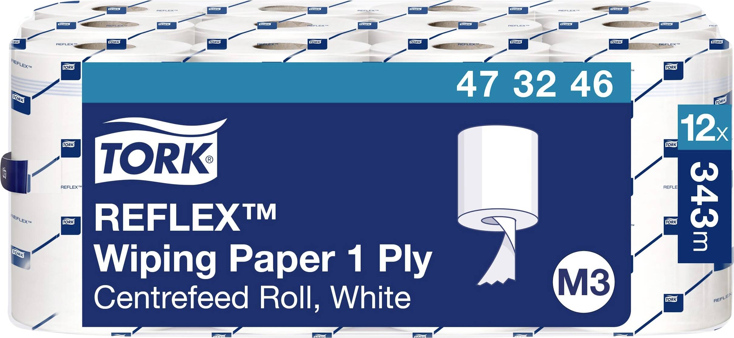 Paquet de papier d'essuyage Tork Reflex, 1 pli, 12 rouleaux, 343m par rouleau. Le design présente la marque, le nom du produit et une illustration du rouleau.