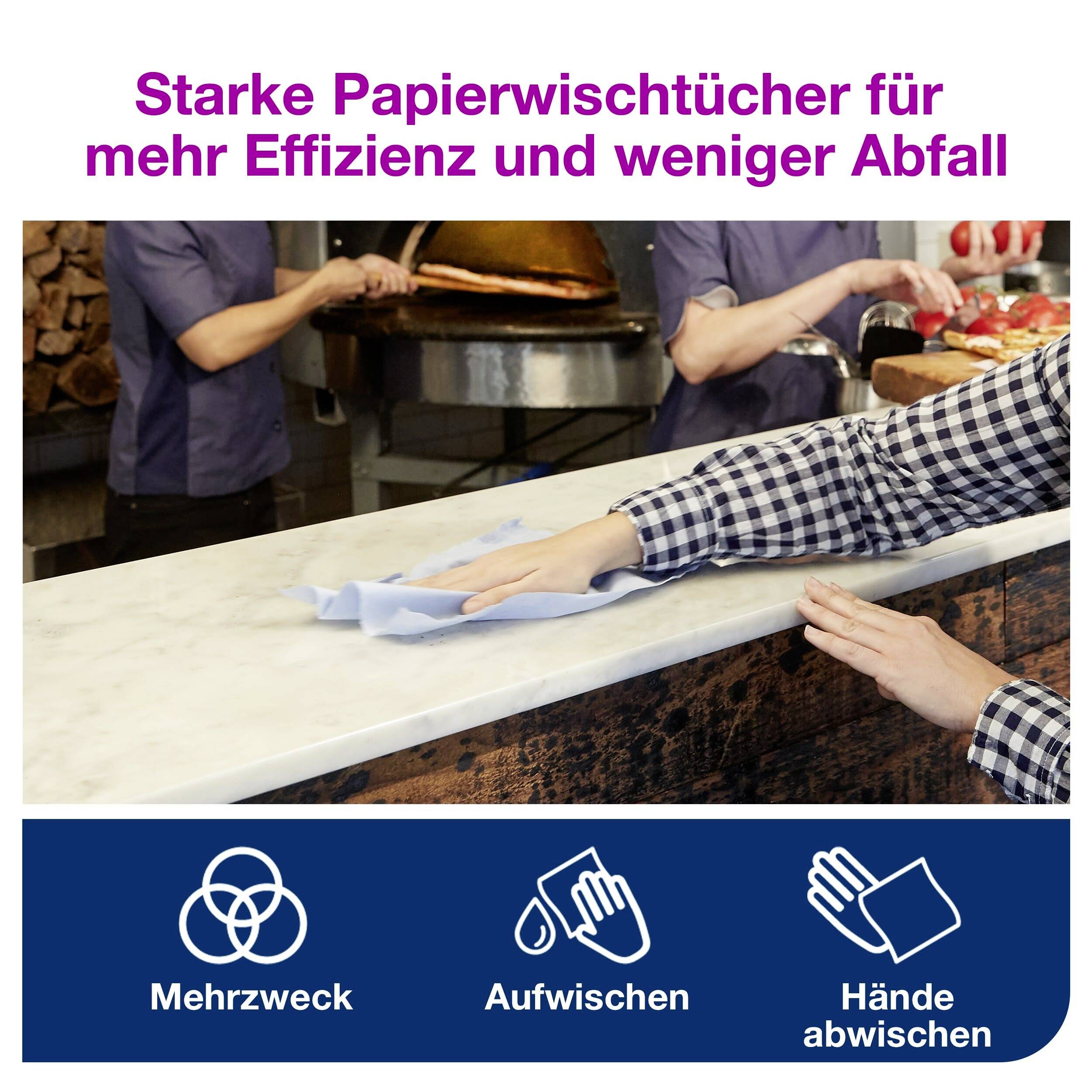 Lingettes en papier puissantes pour plus d'efficacité et moins de déchets<br><br>[Image description of a person wiping a counter with a paper wiper cloth]<br><br>Symboles en bas : Multifonction, Nettoyage, Essuyage des mains
