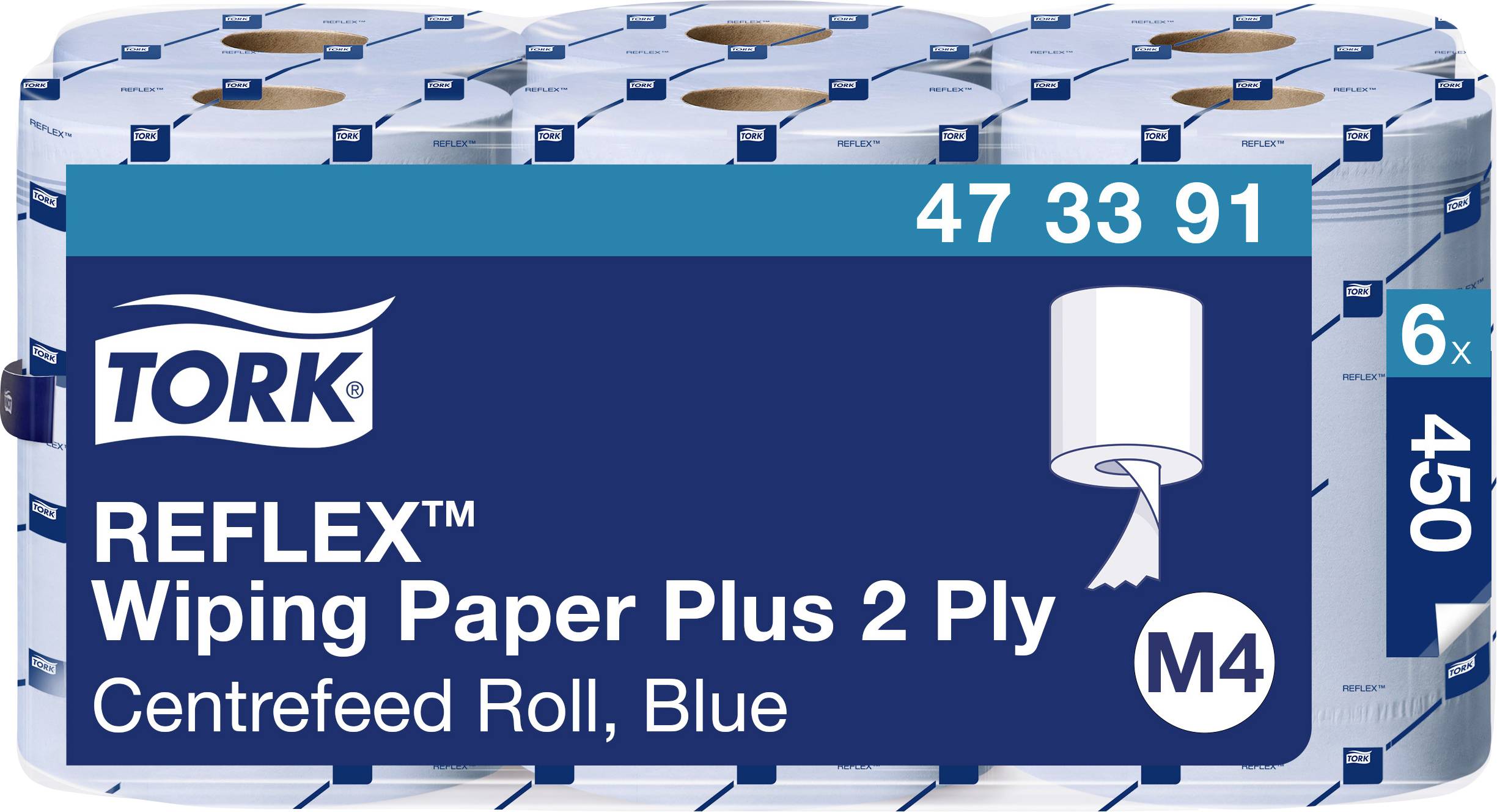 'Papier d'essuyage Tork Reflex Plus, 2 plis, Dévidage central, Bleu, Système M4, 6 rouleaux de 450 feuilles, Référence 473391'