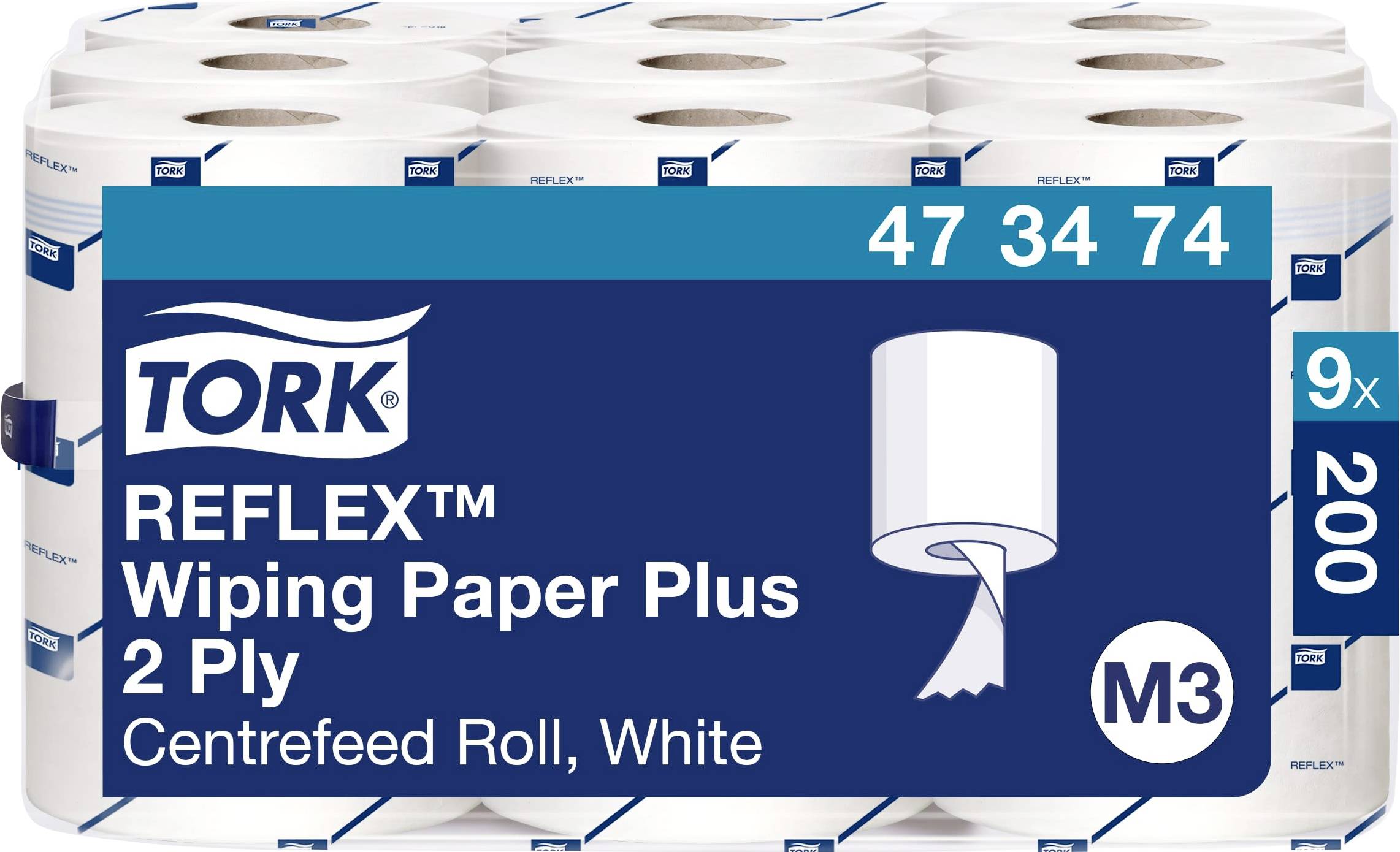 'Tork Reflex Wiping Paper Plus', papier blanc à 2 plis, rouleau centré, 200 feuilles par rouleau, 9 rouleaux par paquet.