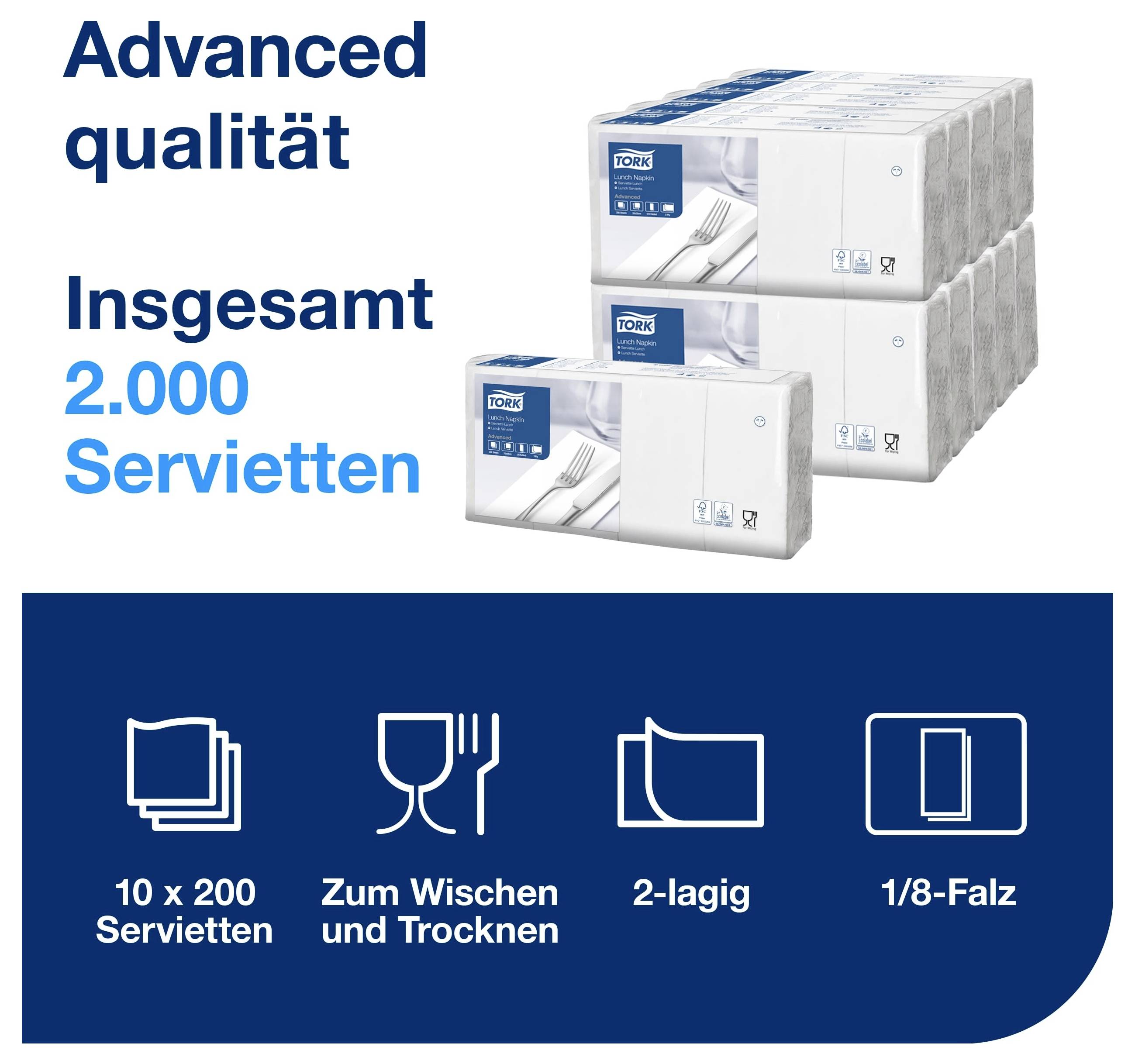 Werbeanzeige für Tork Advanced Qualität: 2.000 Servietten, 10 x 200 Stück, zum Wischen und Trocknen, 2-lagig, 1/8-Falz.