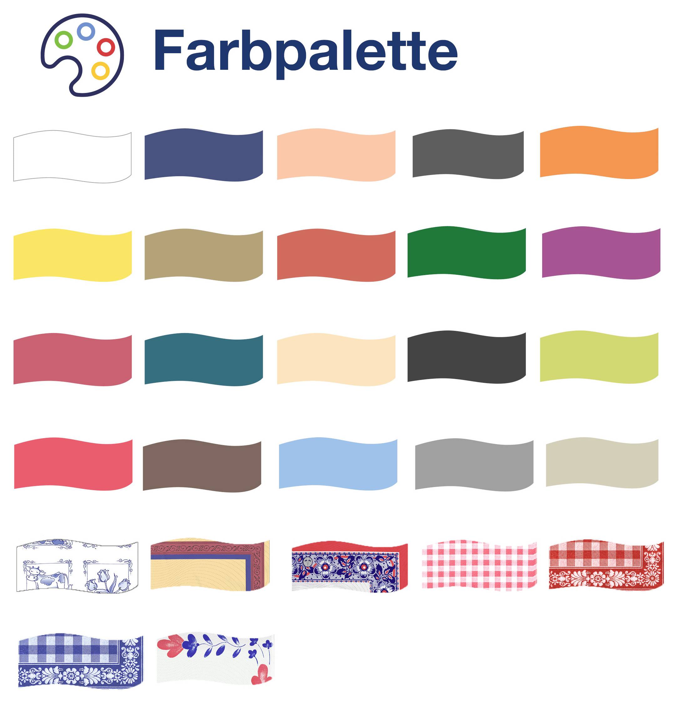 Farbpalette mit Logo und vielen Farbfeldern sowie unten sieben Musterbeispielen, vermutlich zur Auswahl von Farben und Designs.