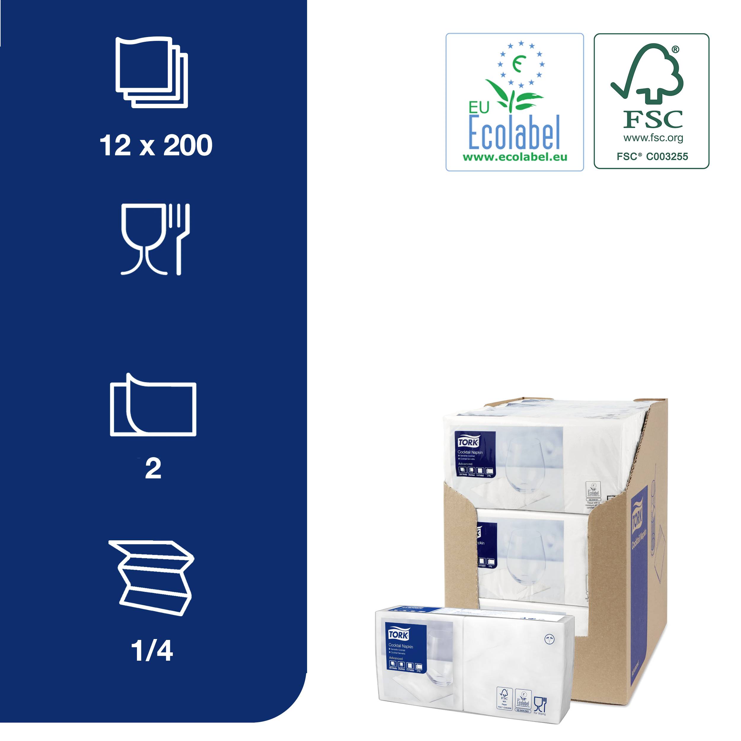'12 x 200 Essuie-mains en papier' avec le label écologique de l'UE et le certificat FSC. Symboles joints : Tasses, 2 plis, taille dépliée 1/4.