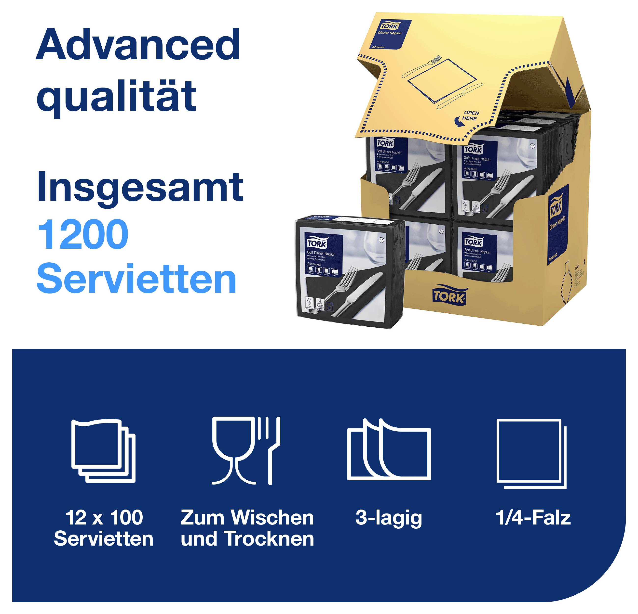 Werbung für Tork-Servietten: 'Advanced Qualität', insgesamt 1200 Servietten, 12×100, 3-lagig, 1/4-Falz, zum Wischen und Trocknen.
