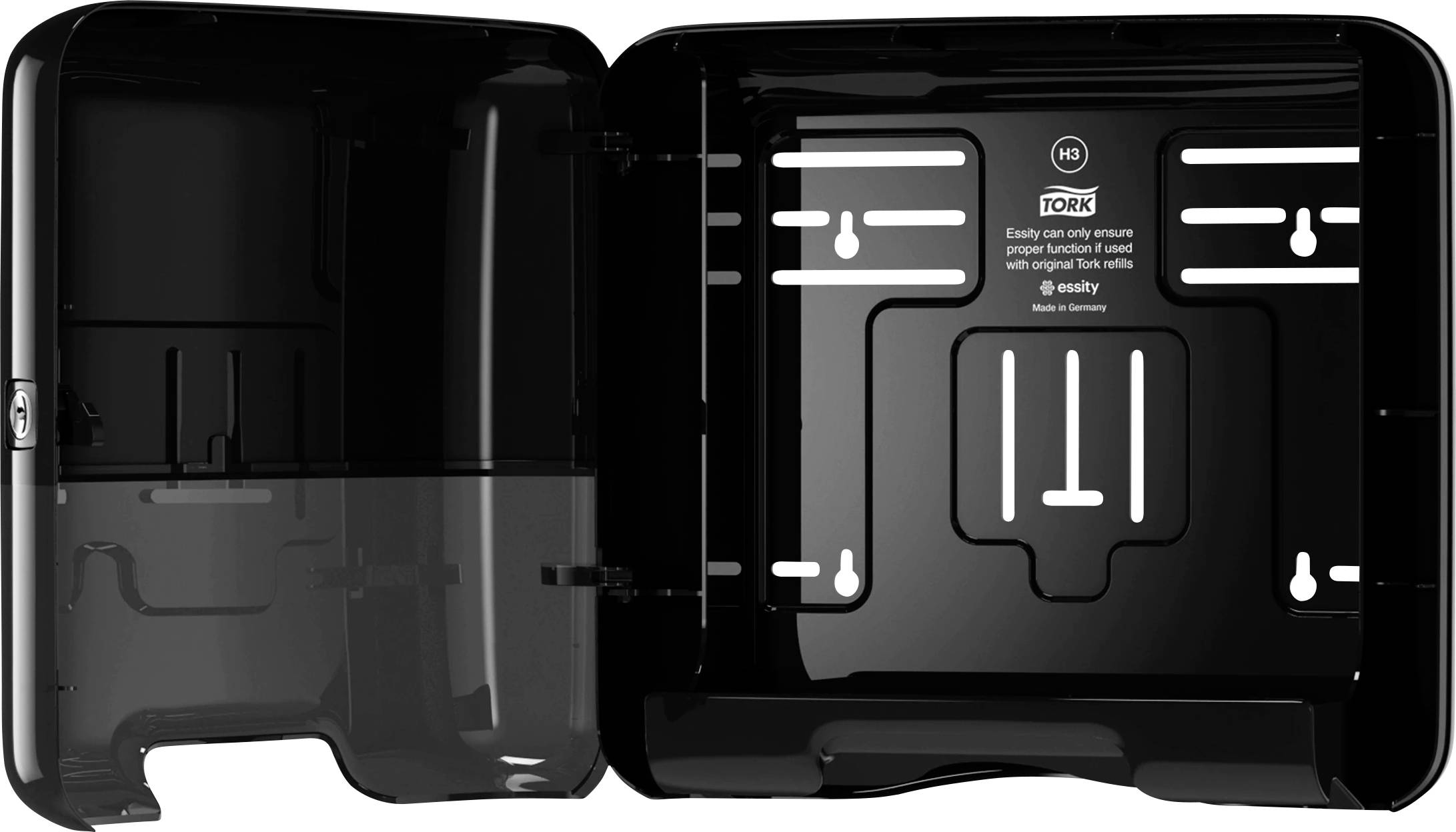 Un distributeur de papier ouvert noir avec l'inscription 'Tork Easycube'. La vue intérieure montre des supports pour rouleaux de papier.