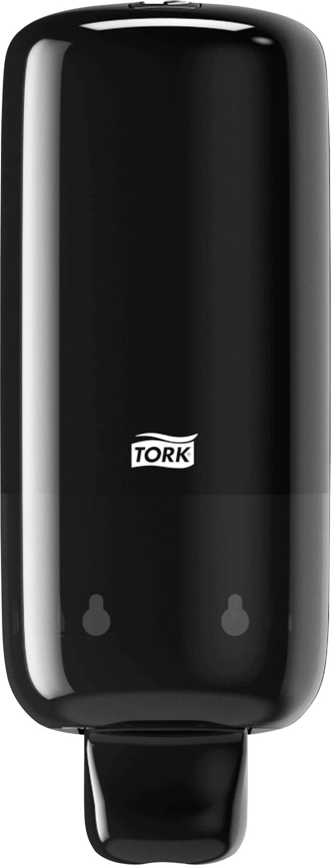 Distributeur de savon noir avec le logo 'Tork' au centre ; adapté pour une utilisation dans des salles de lavage publiques ou commerciales.