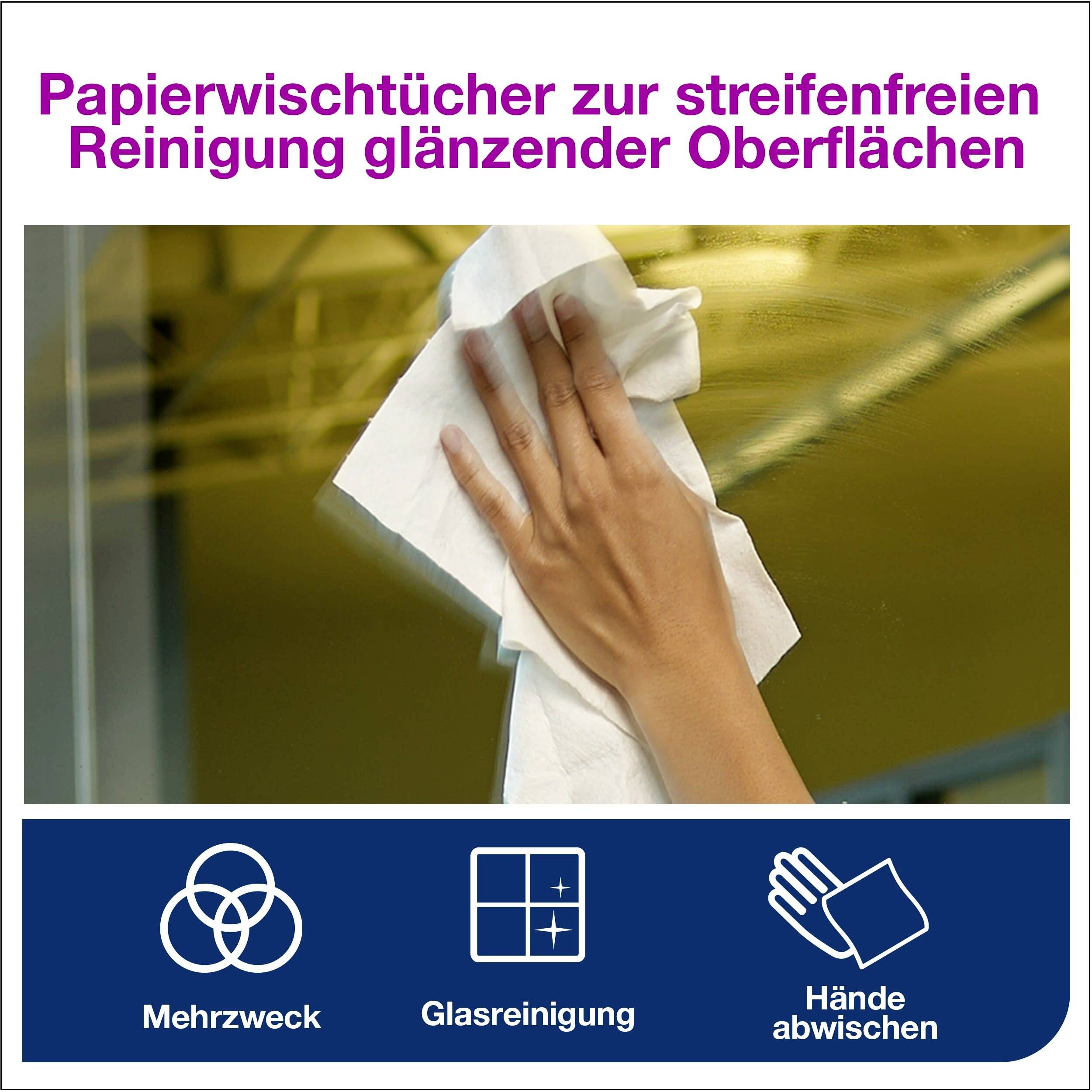 Lingettes en papier pour le nettoyage sans trace des surfaces brillantes : une main essuyant du verre avec un chiffon ; icônes en dessous.