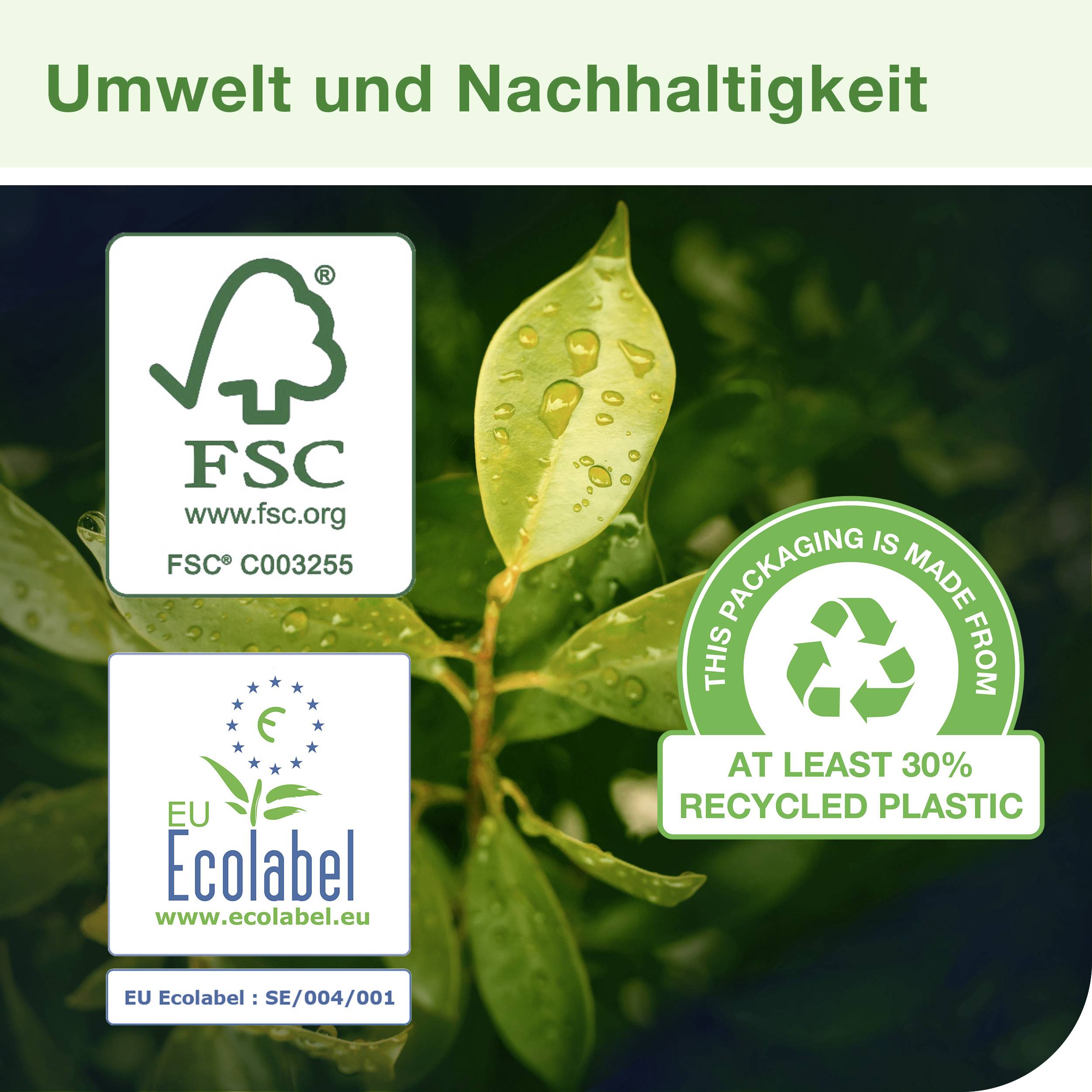 'Environnement et durabilité' avec des symboles pour FSC et l'Écolabel européen, représentant des certifications écologiques. Emballage en plastique recyclé.