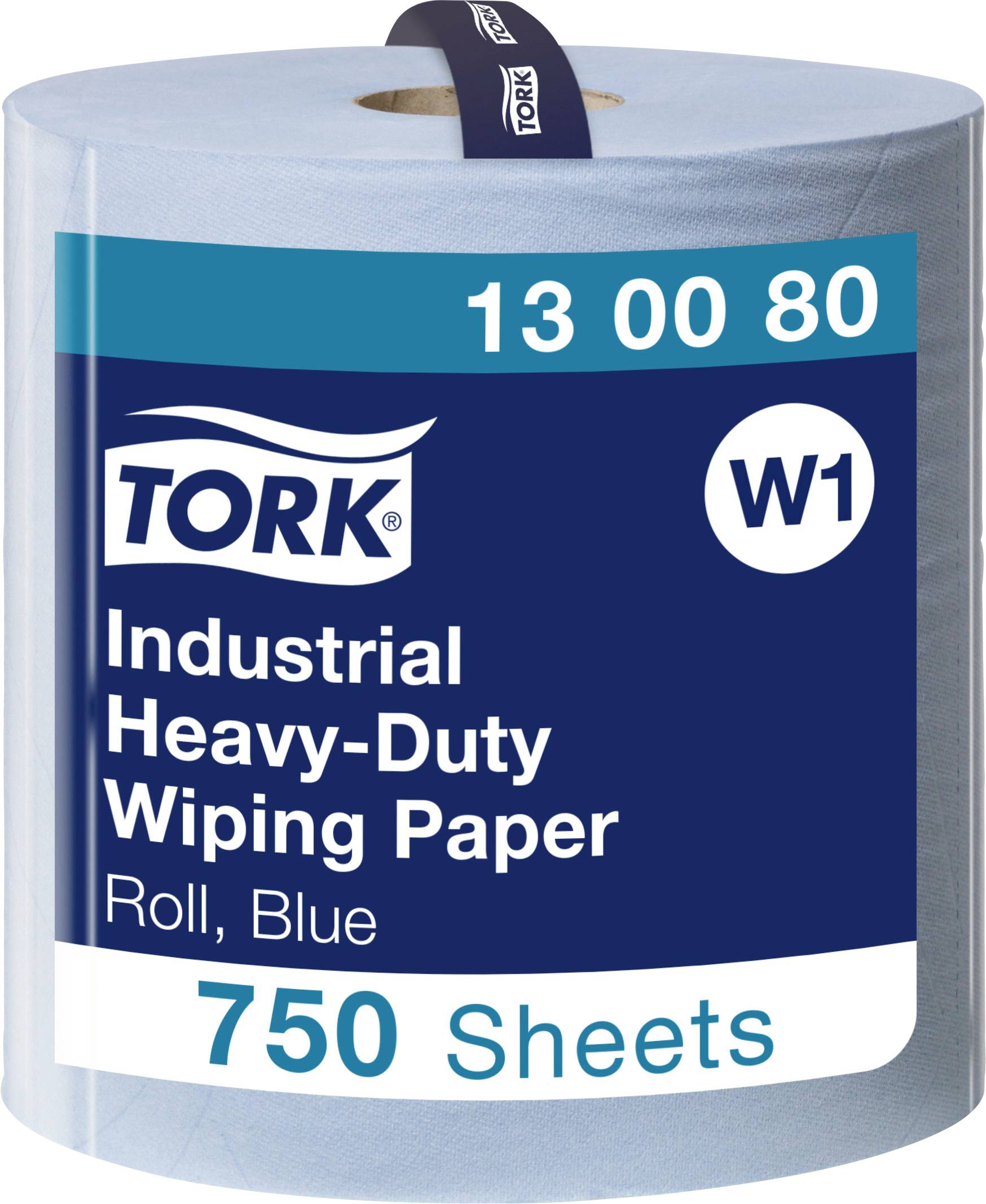 Un rouleau de papier de nettoyage industriel bleu de la marque Tork, 750 feuilles. Idéal pour les tâches de nettoyage difficiles.