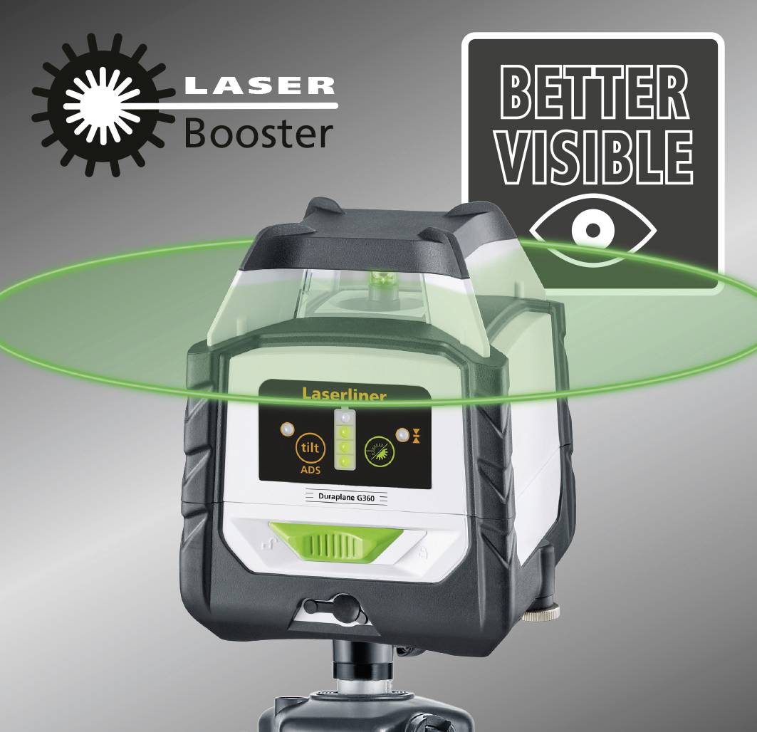 Appareil laser avec un cercle vert et le logo 'LASER Booster'. Inscription 'BETTER VISIBLE' en arrière-plan. Caractéristique principale : améliorer la visibilité.