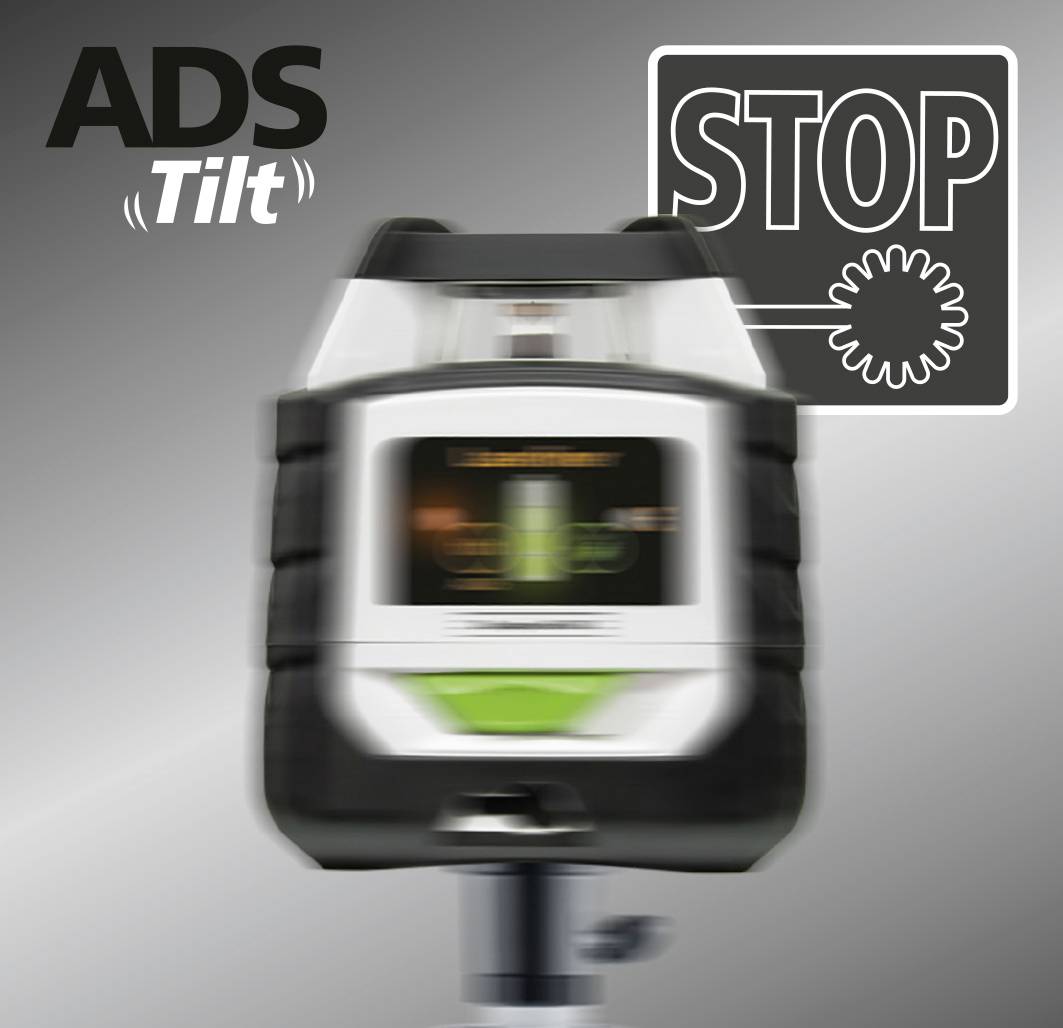 'Commande de dispositif ADS Tilt en mouvement, avec un panneau d'arrêt affichant un avertissement de sécurité'