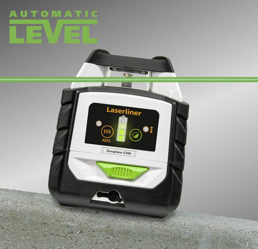 Un appareil de nivellement automatique portant l'inscription 'Laserliner Duroplane G360'. Il présente des fonctions de mesure d'inclinaison et un niveau à bulle éclairé.