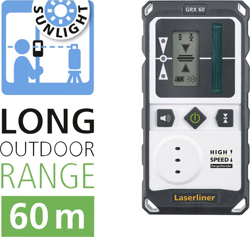 'Laserliner GRX 60' Télémètre laser avec affichage graphique et indication 'LONG OUTDOOR RANGE 60 m'. Symbole d'ensoleillement.
