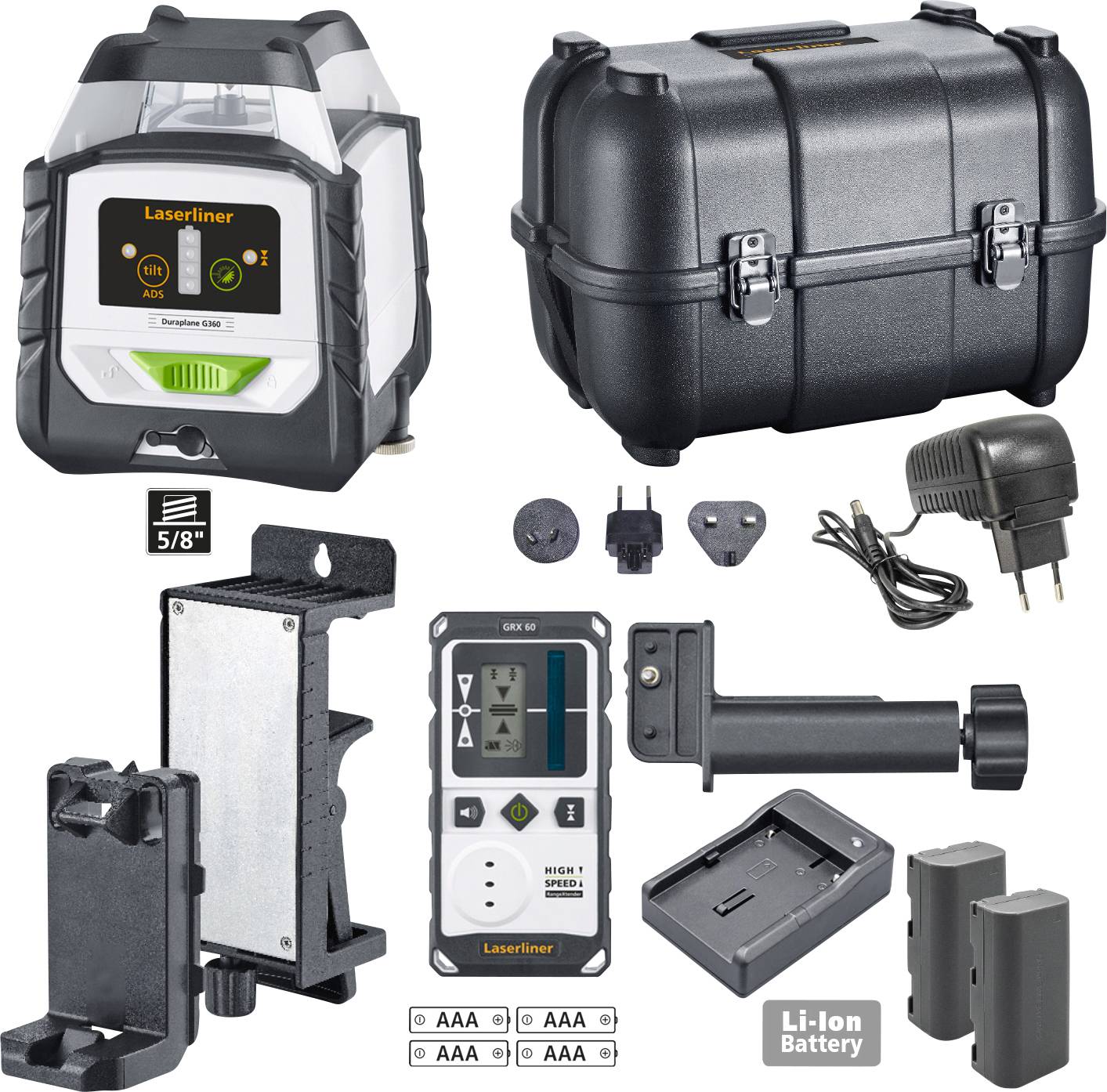 L'image présente un ensemble de mesure laser comprenant l'appareil, un coffret robuste, un chargeur, différentes batteries et un adaptateur international.
