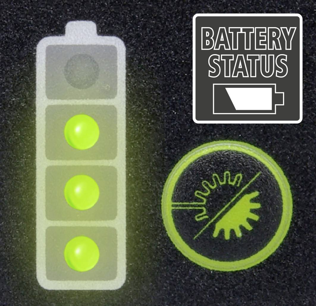 Trois voyants verts indiquent une charge de batterie complète. À droite, un symbole circulaire. En haut à droite, un symbole portant l'inscription « ÉTAT DE LA BATTERIE ».