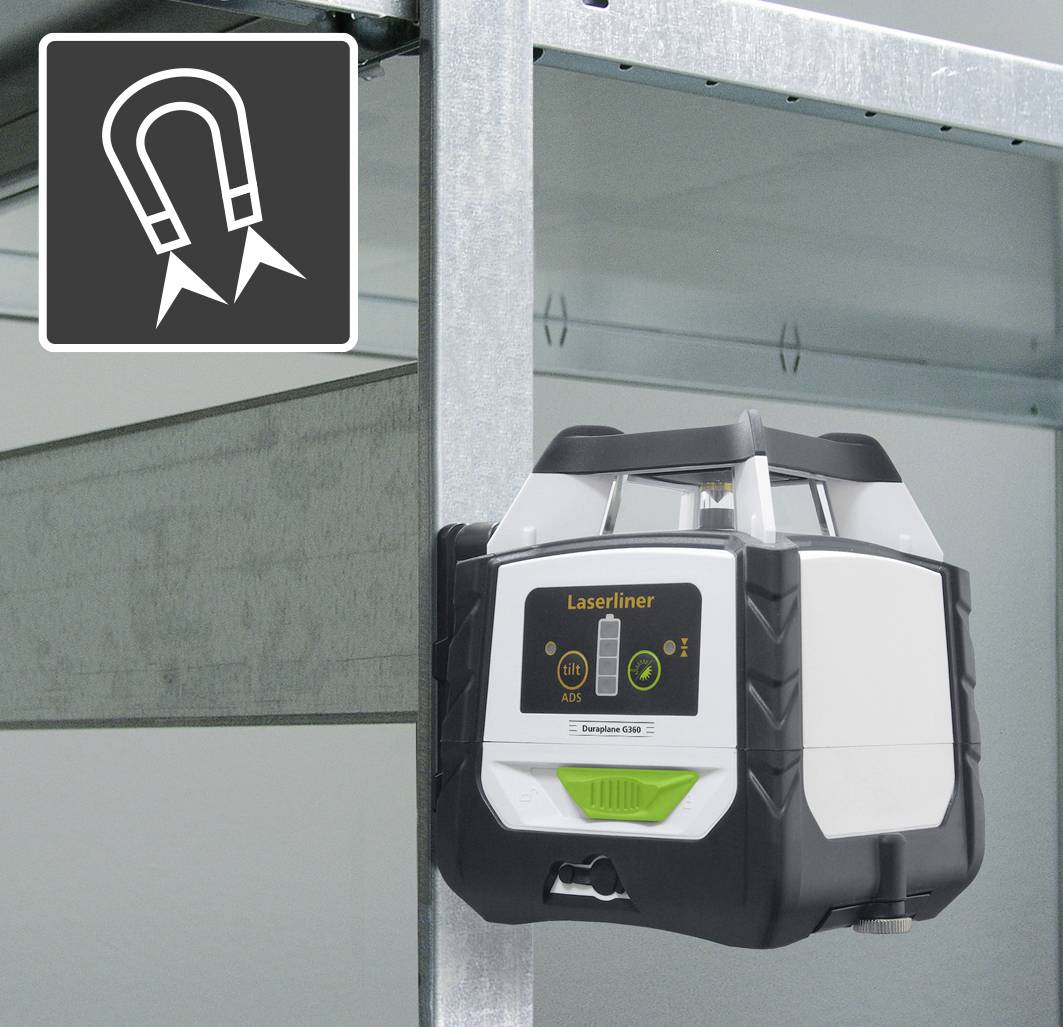 Un appareil de nivellement laser est fixé sur un bord métallique. Un symbole de magnétisme indique que l'appareil est maintenu par force magnétique.