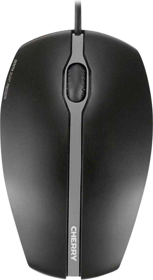Une souris d'ordinateur noire vue de dessus, avec une molette de défilement placée au centre et une fine bande grise sur le dessus.