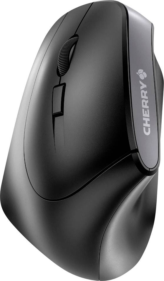 Souris d'ordinateur noire au design ergonomique et à molette de défilement. La marque 'CHERRY' est visible sur le côté. Idéale pour une utilisation confortable.