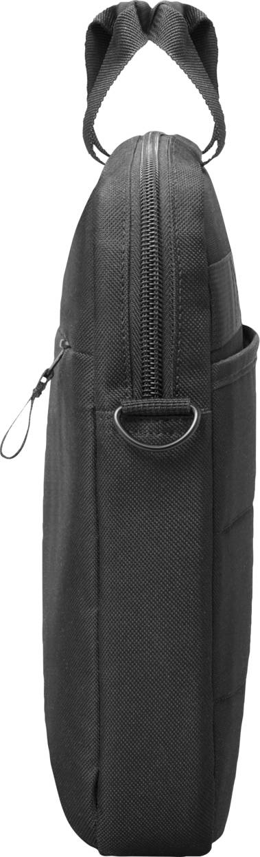 Un sac à ordinateur portable noir et élégant avec fermeture éclair et poignées, vu de côté. Idéal pour le transport d'un ordinateur portable.