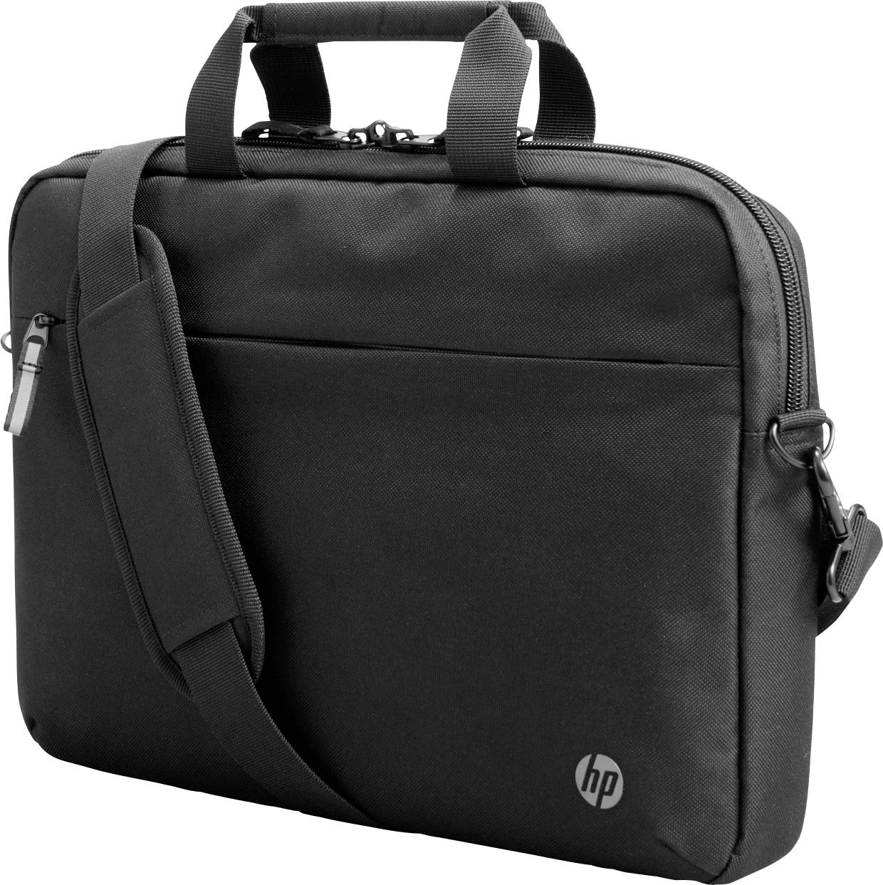 Un sac pour ordinateur portable HP noir avec fermeture éclair, bandoulière et poignée de transport.