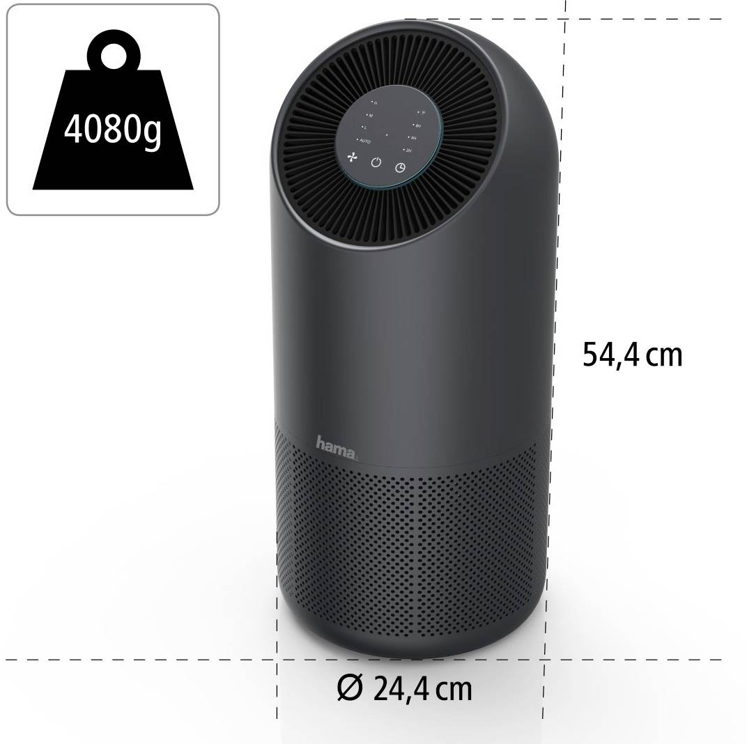 Purificateur d'air de forme cylindrique, noir. Dimensions : hauteur 54,4 cm, diamètre 24,4 cm. Poids : 4080 g. Panneau de commande situé sur le dessus avec touches.