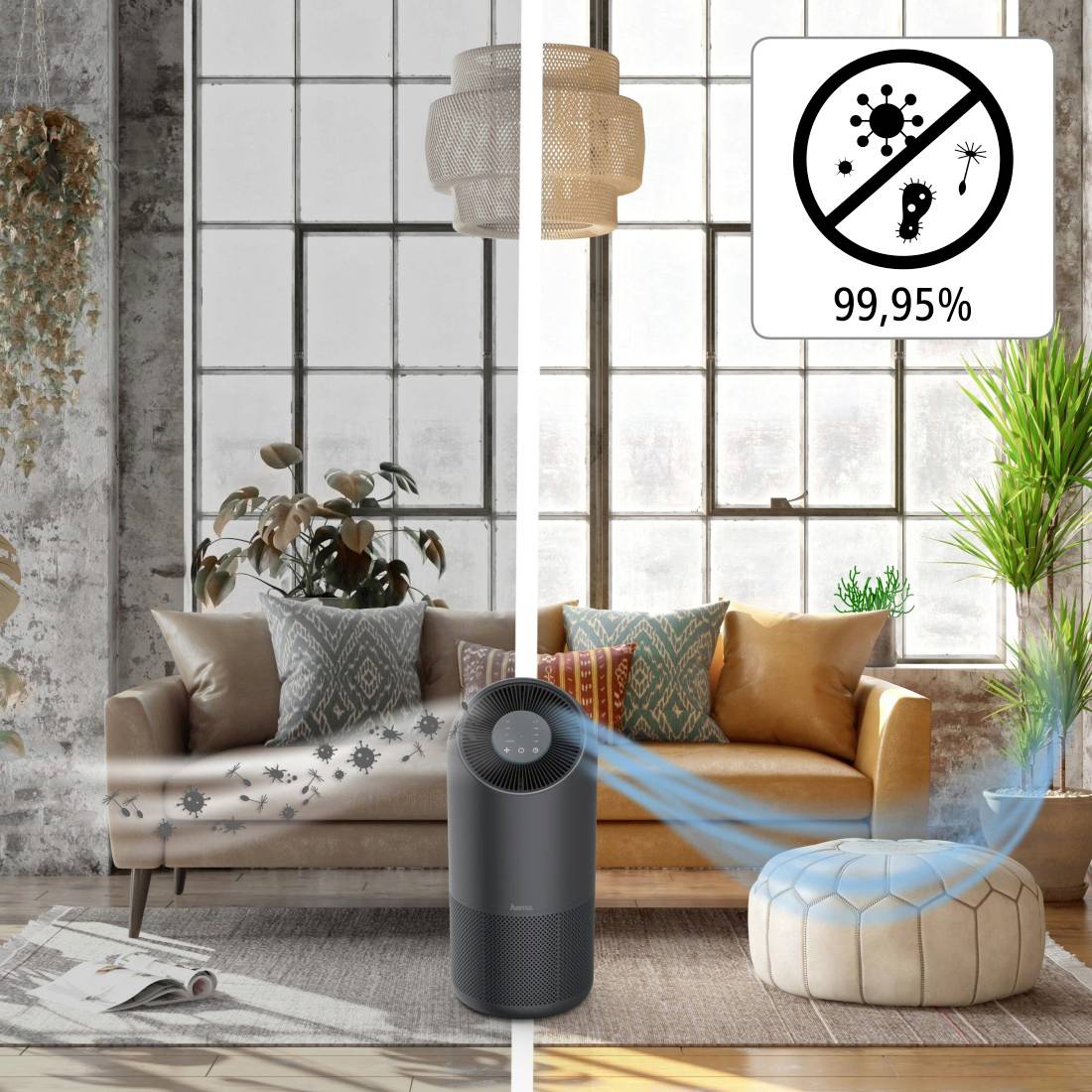 Répartition de l'espace : À gauche, zone d'habitation poussiéreuse, à droite, zone propre. Un purificateur d'air au centre élimine 99,95 % des particules.