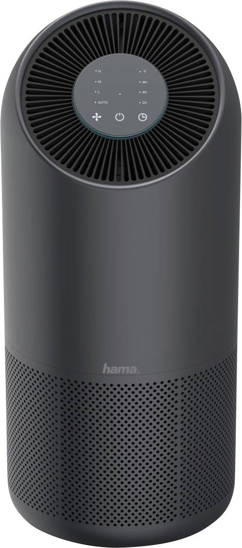 Un purificateur d'air noir au design cylindrique, avec un panneau de commande en haut présentant des symboles de contrôle et d'affichage.