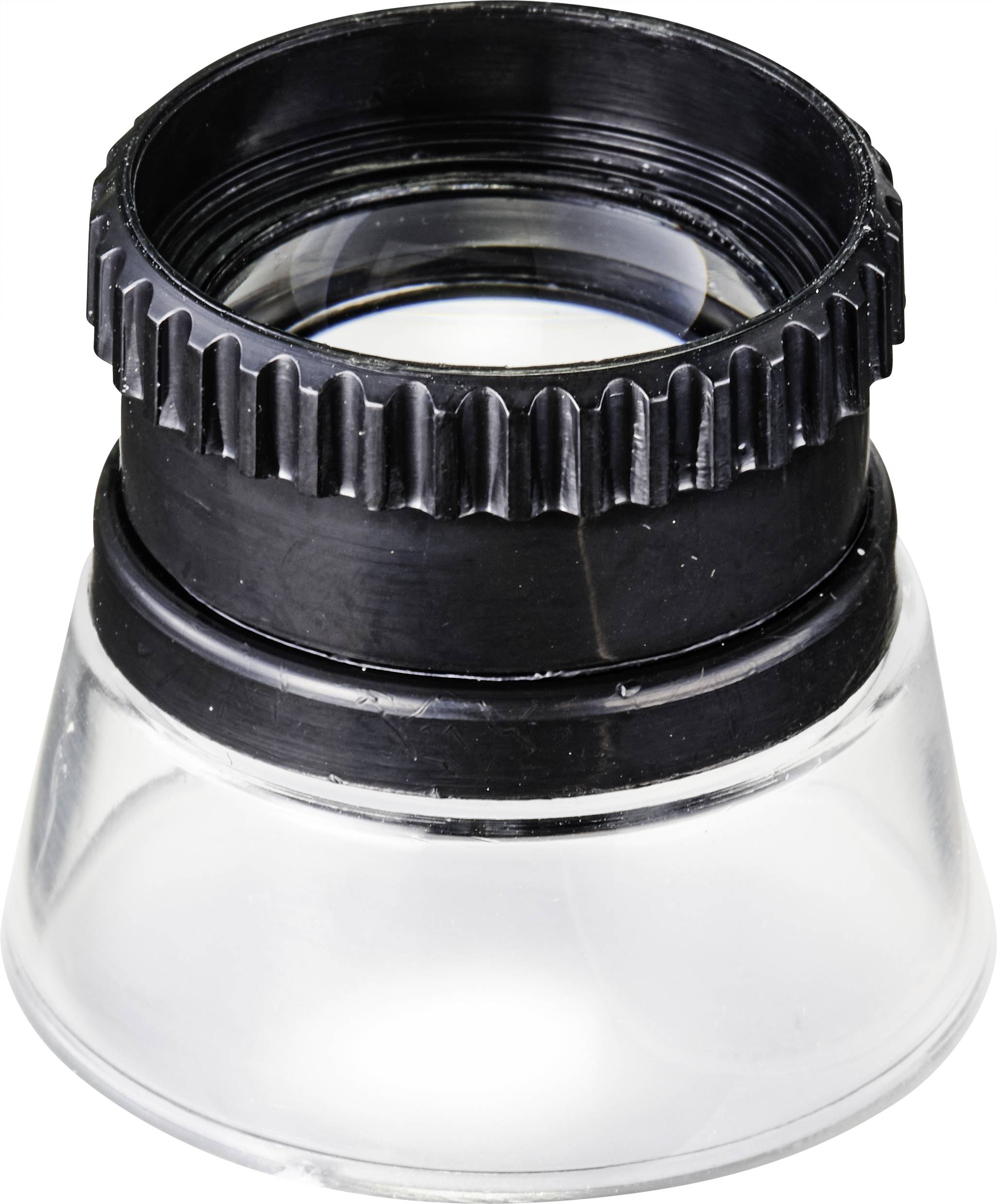 Une loupe à bordure noire et support transparent qui amplifie la lumière à travers une lentille. Idéale pour agrandir de petits objets.