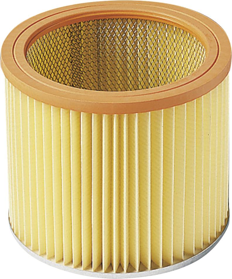 Un filtre à air cylindrique avec un bord orange et des plis jaunâtres pour filtrer les particules dans les systèmes d'air ou de gaz.