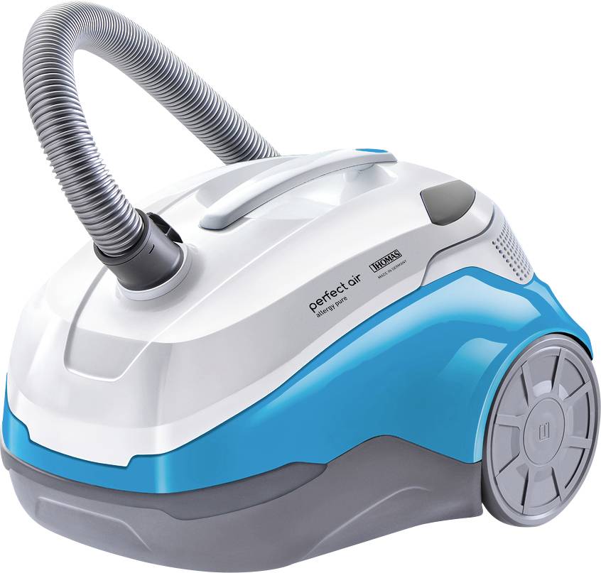 Un petit aspirateur blanc et bleu avec un tuyau gris, monté sur de grandes roues, dans un design moderne.