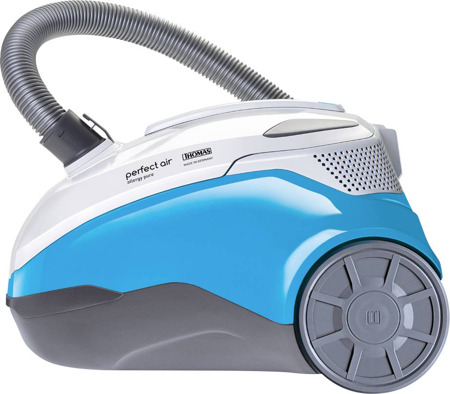 Aspirateur bleu et blanc avec grande roue et tuyau flexible, modèle 'Perfect Air', vue latérale.