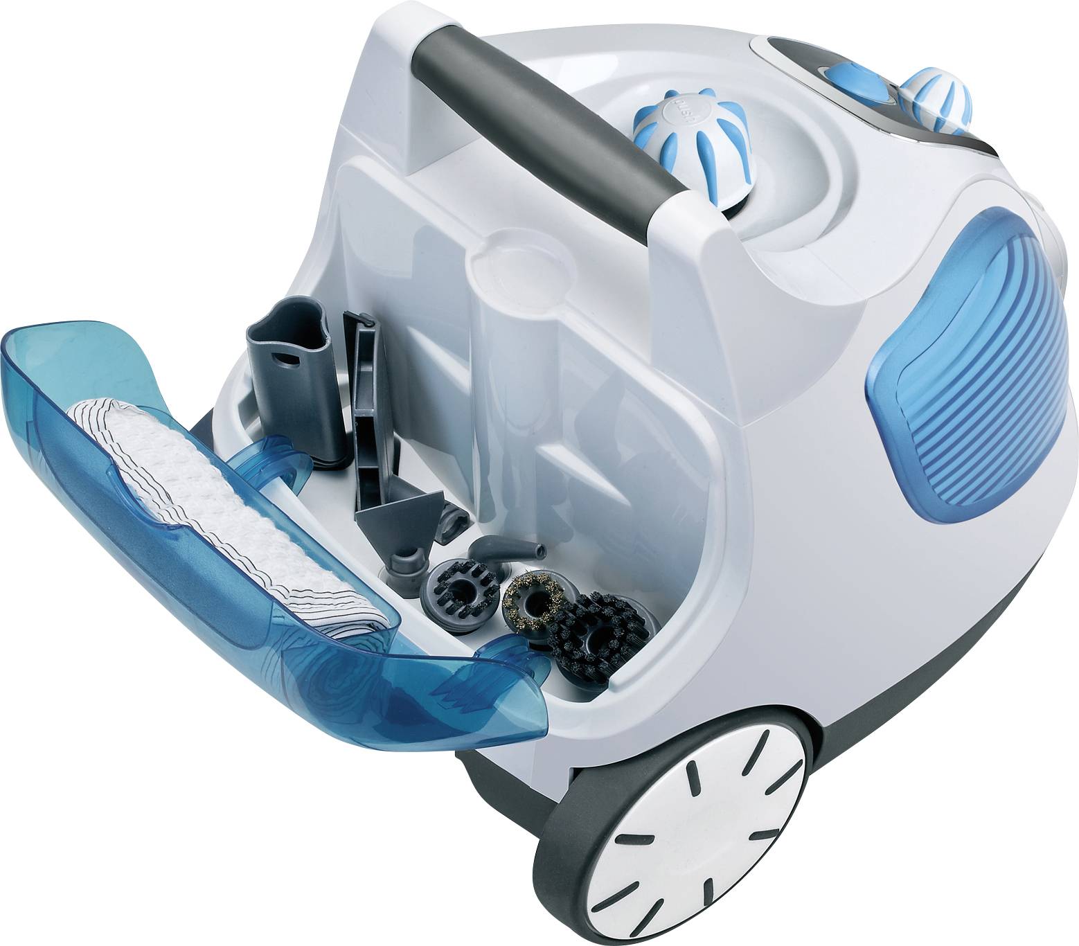 Aspirateur blanc ovale avec des accents bleus et des compartiments d'accessoires, remplis de différentes buses et embouts de brossage.