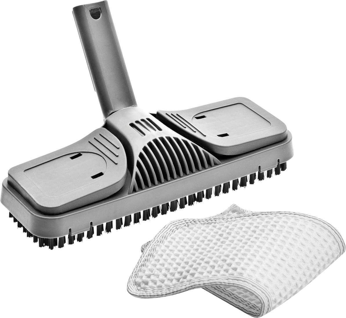 Un embout d'aspirateur avec des brosses et un chiffon de nettoyage en tissu assorti. Adapté pour le nettoyage des sols.