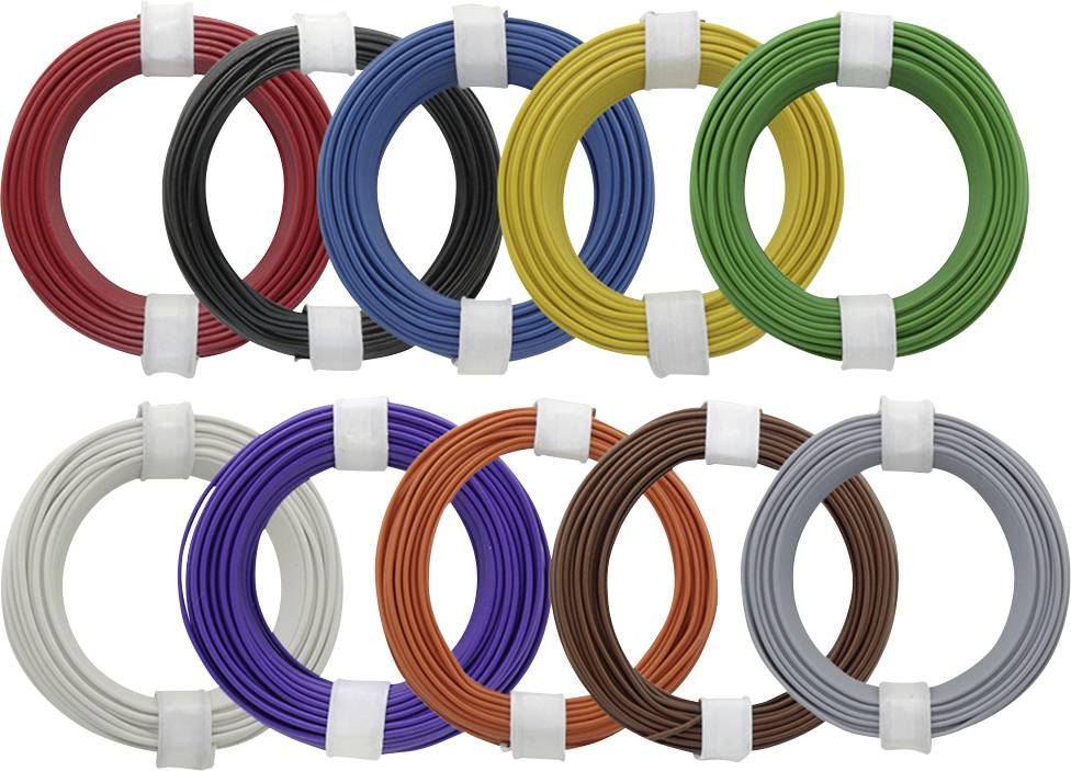 Dix faisceaux de fils de couleur, chacun attaché avec un serre-câble. Les couleurs sont rouge, noir, jaune, vert, blanc, violet, orange, marron, gris et bleu.
