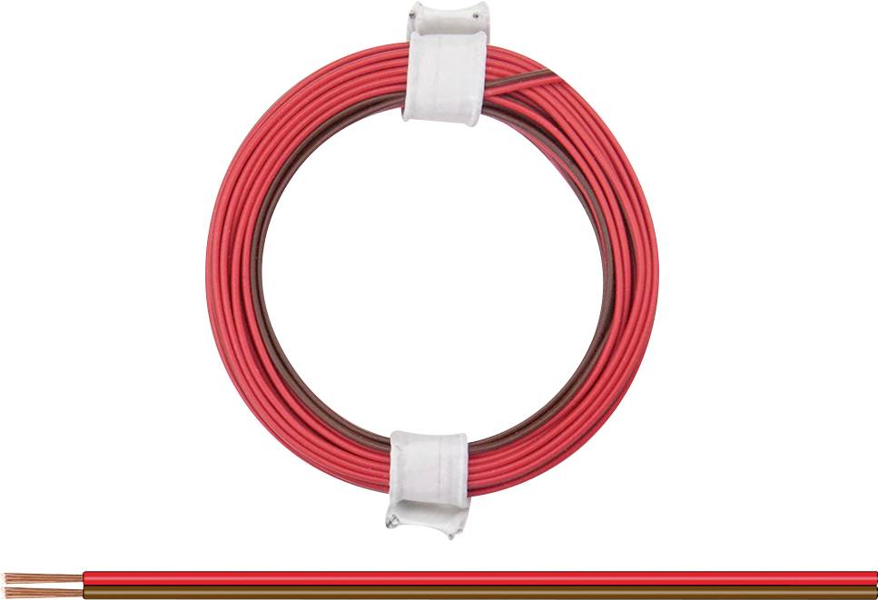 Une bobine de câble rouge enroulée avec deux supports blancs et un segment de câble en dessous, les extrémités de cuivre visibles.