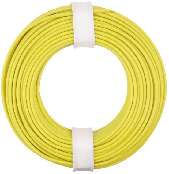 Rouleau de câble jaune avec deux clips de fixation en plastique blanc. Idéal pour les installations électriques.