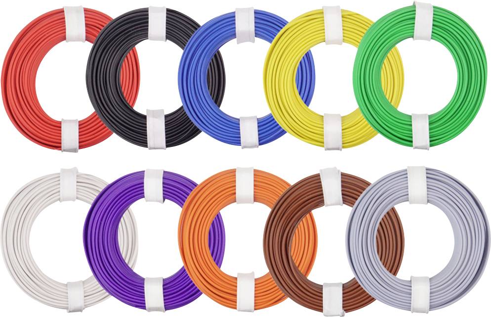 Dix bobines de filament dans différentes couleurs : Rouge, Noir, Bleu, Jaune, Vert, Blanc, Violet, Orange, Marron et Rose, pour impression 3D.