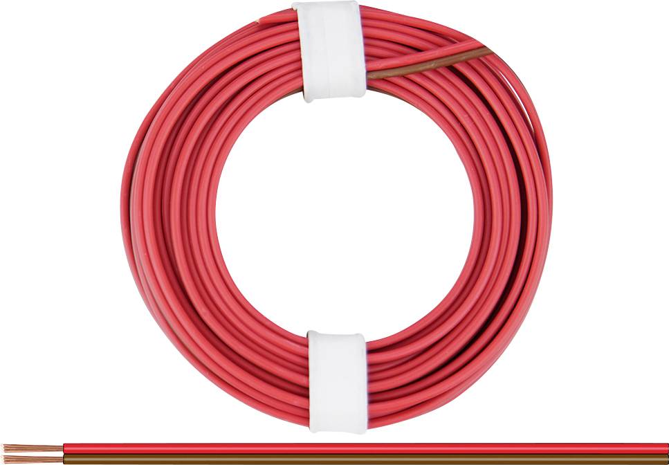 Câble électronique rouge, enroulé de manière circulaire et maintenu par deux bandes blanches, montrant la section transversale au bord inférieur.