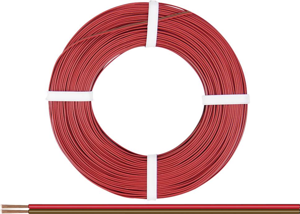 Un grand rouleau de câble rouge est visible, le câble est soigneusement enroulé et maintenu en place à quatre endroits avec du ruban blanc.