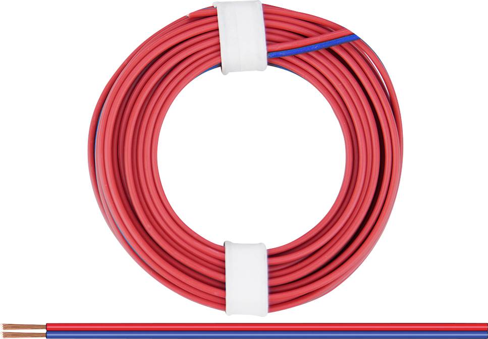 Une bobine de câble rouge, enroulée en forme de cercle, avec une ligne bleue, fixée par deux bandes blanches ; des extrémités de câble sont visibles en dessous.